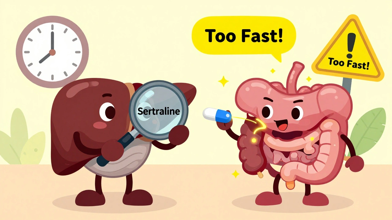 Cartoon liver and gut pushing a pill out of the body with warning signs.