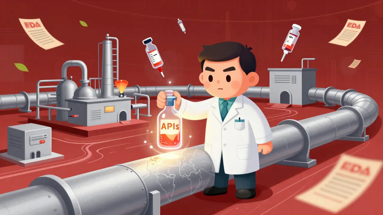 Chinese chemist holding a glowing API vial powering a global pipeline with biologics floating above