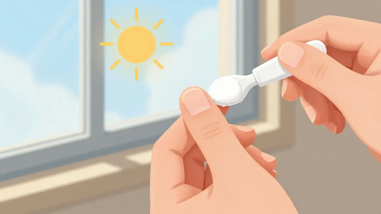Close-up of a hand with a lifted nail and a teaspoon of zinc oxide sunscreen beside a sunlit window.