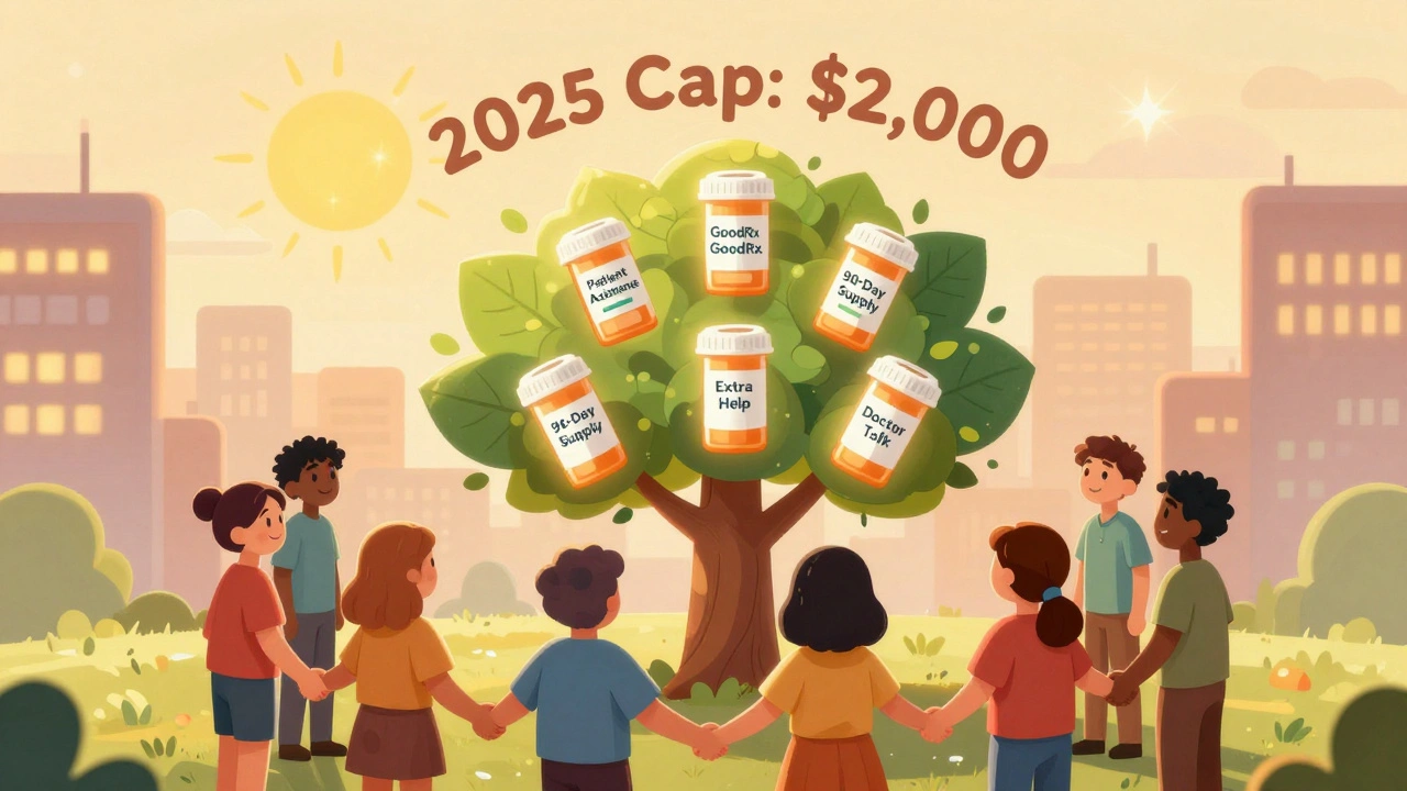 Diverse group united around a tree with prescription leaves, symbolizing access to medication help.