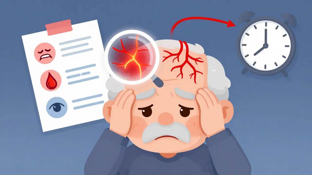 Elderly person with inflamed scalp vessels and medical warning icons floating nearby