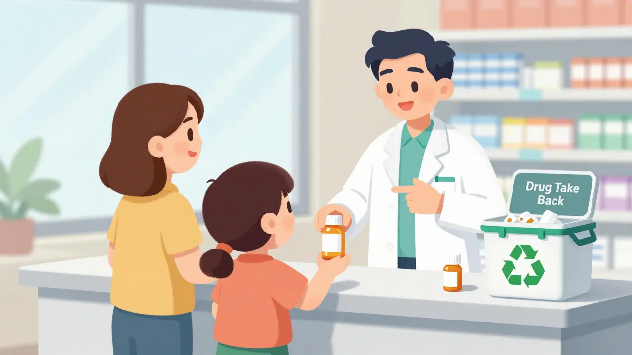 Family returning empty antibiotic bottle to pharmacist at take-back bin in pharmacy.