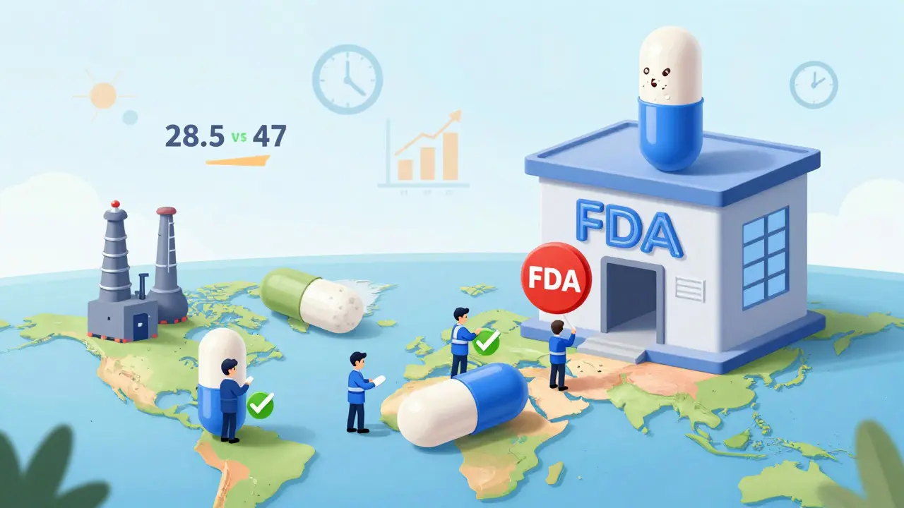 Global factories send pills to FDA inspection station, with quality checks shown on each capsule.