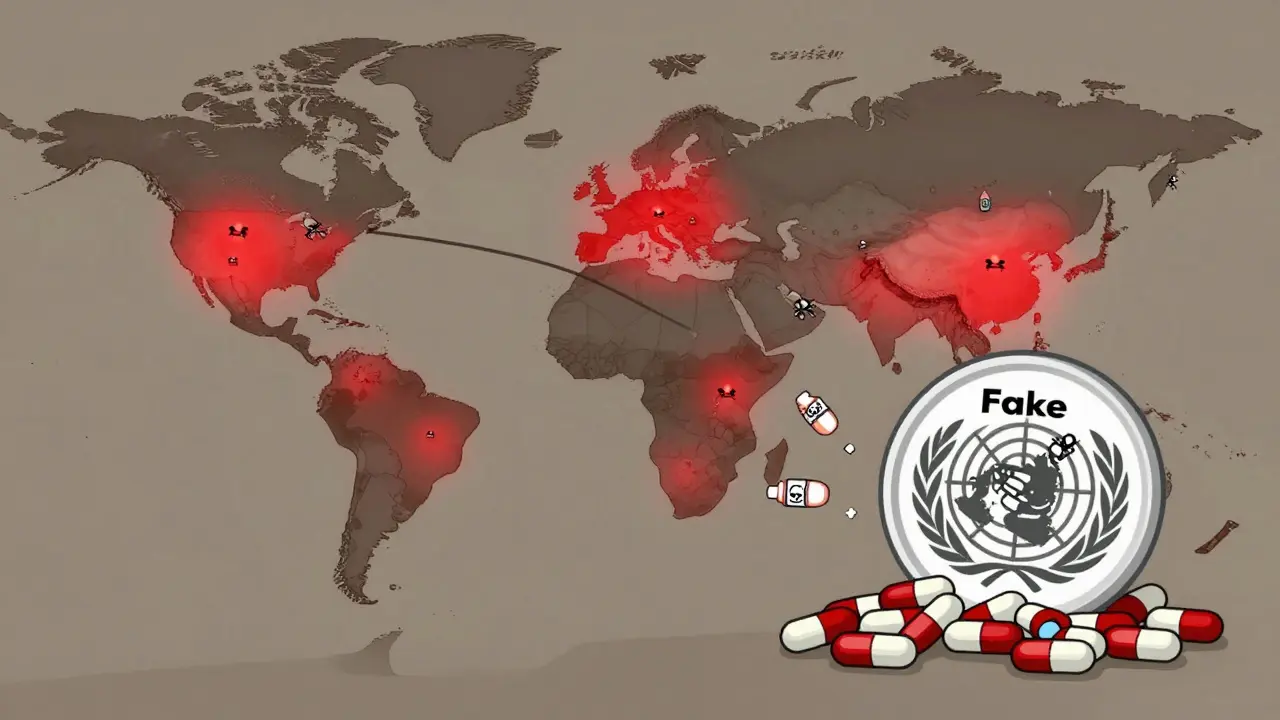 Global map showing counterfeit drug routes, with dangerous pills flying like birds and a WHO seal crushing fakes.