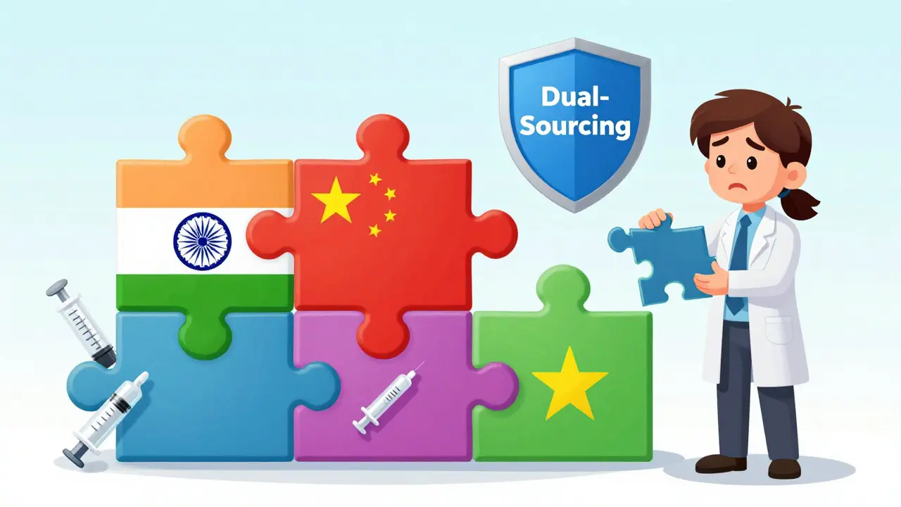 Global supply chain as a puzzle with India, China, Vietnam, and Cambodia as pieces held together by a dual-sourcing shield