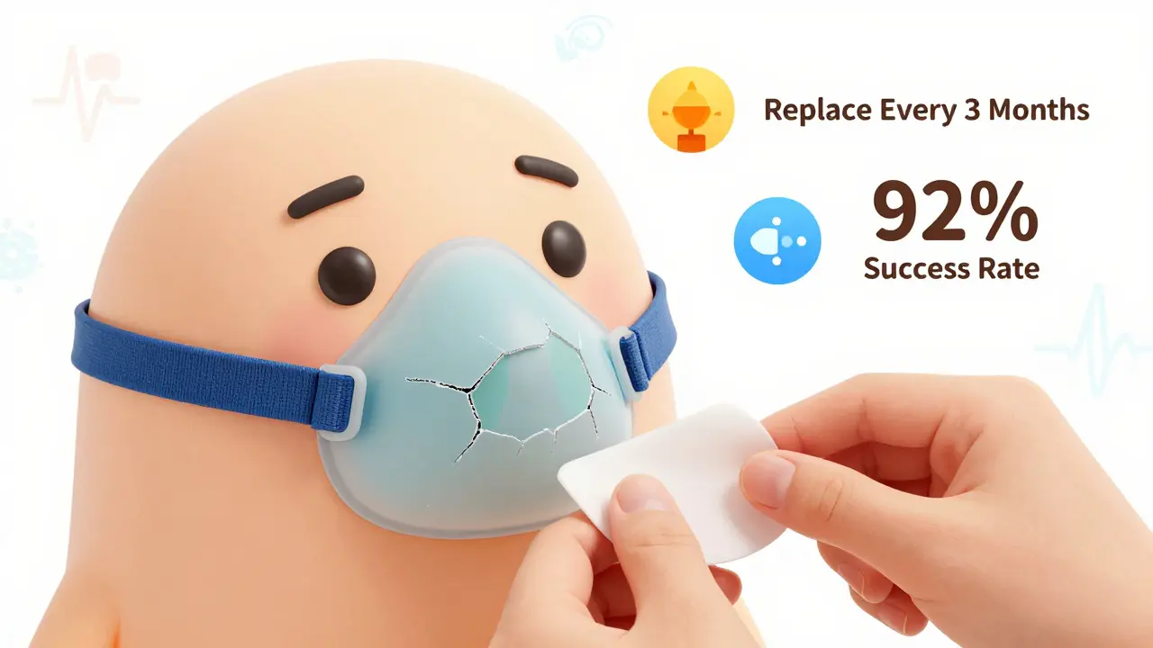 Hands replacing a CPAP mask cushion with new one, icons showing replacement schedule and success rate.