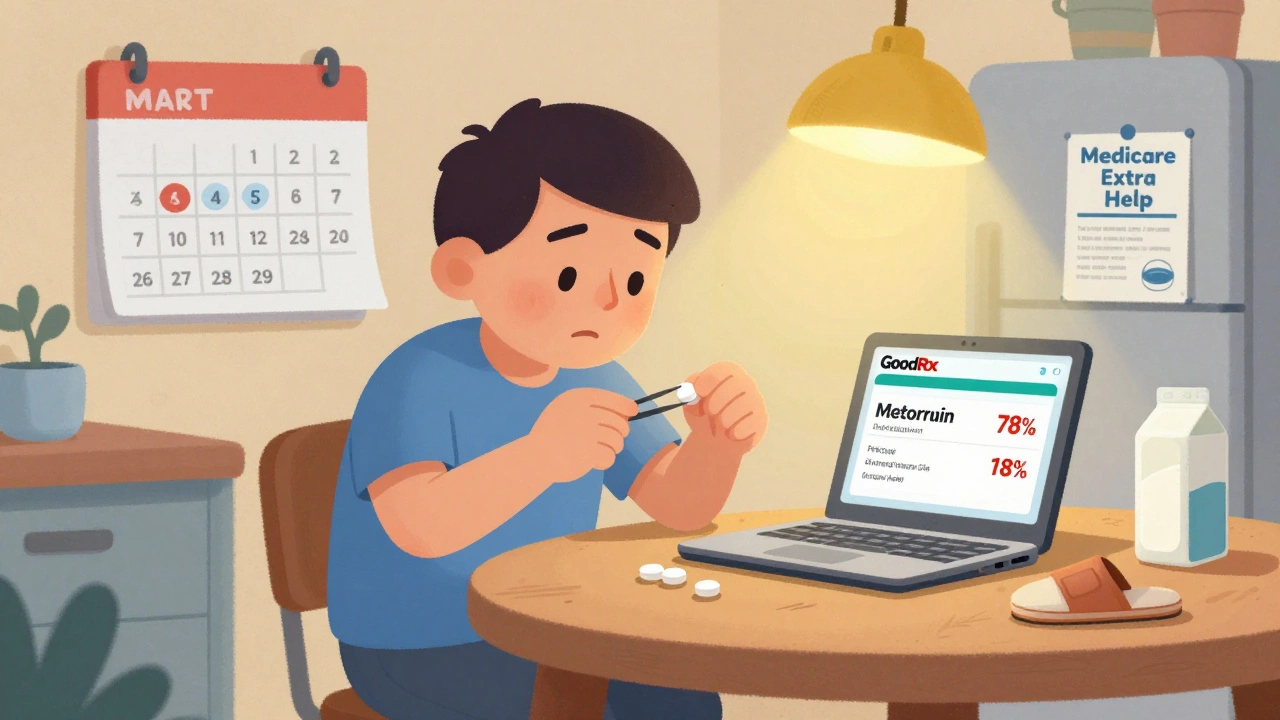 Man splitting a pill at home while checking a savings app on his laptop, child’s shoe nearby.