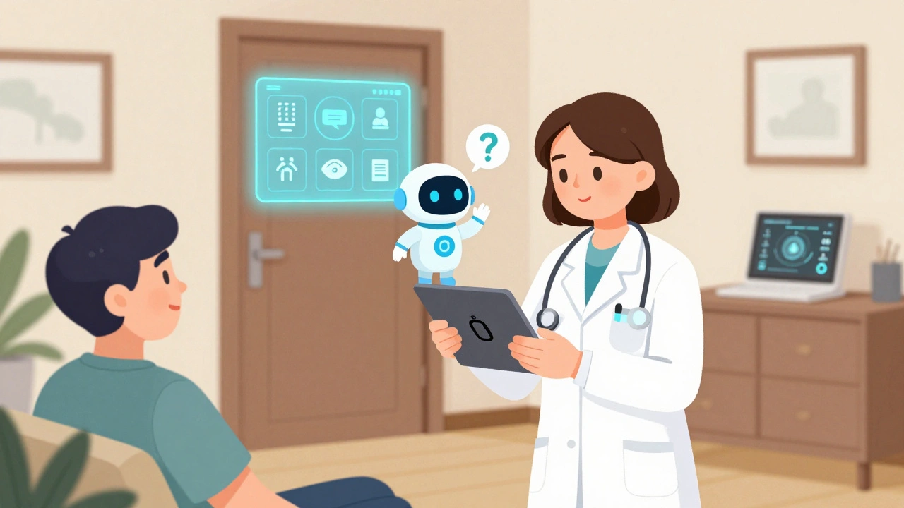 Medical assistant reviews wearable data with a patient at home, supported by a digital care interface.