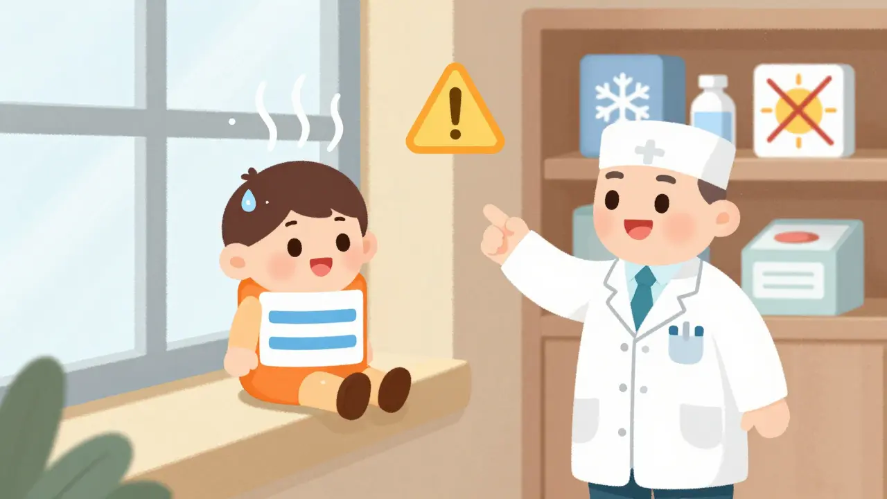 Medicine bottle on sunny windowsill with heat waves, pharmacist guiding proper storage.