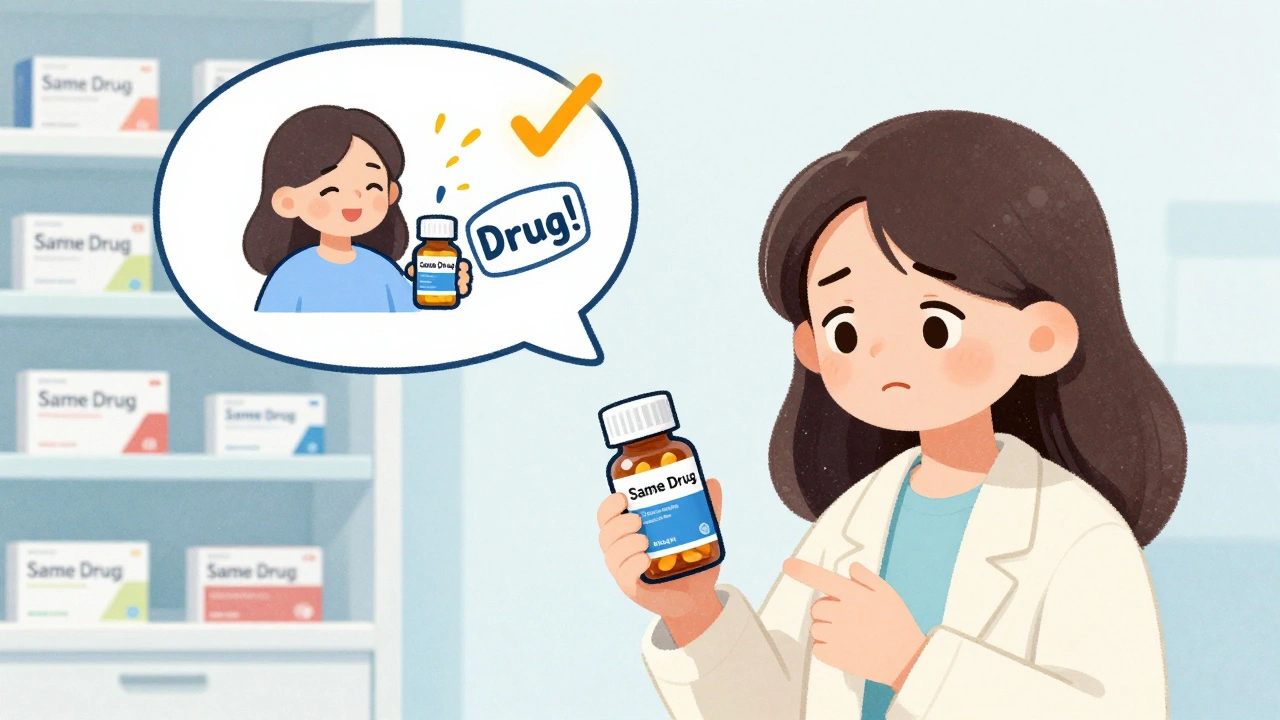 Patient comparing old and new pill bottles, thought bubble shows happy self with &#039;Same Drug!&#039; stamp.