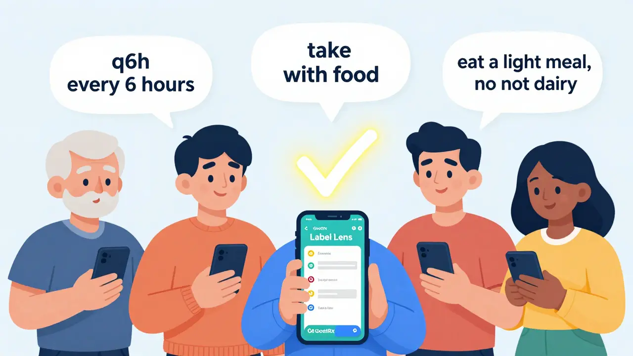People scanning prescription labels with a phone app that translates medical terms into plain language.