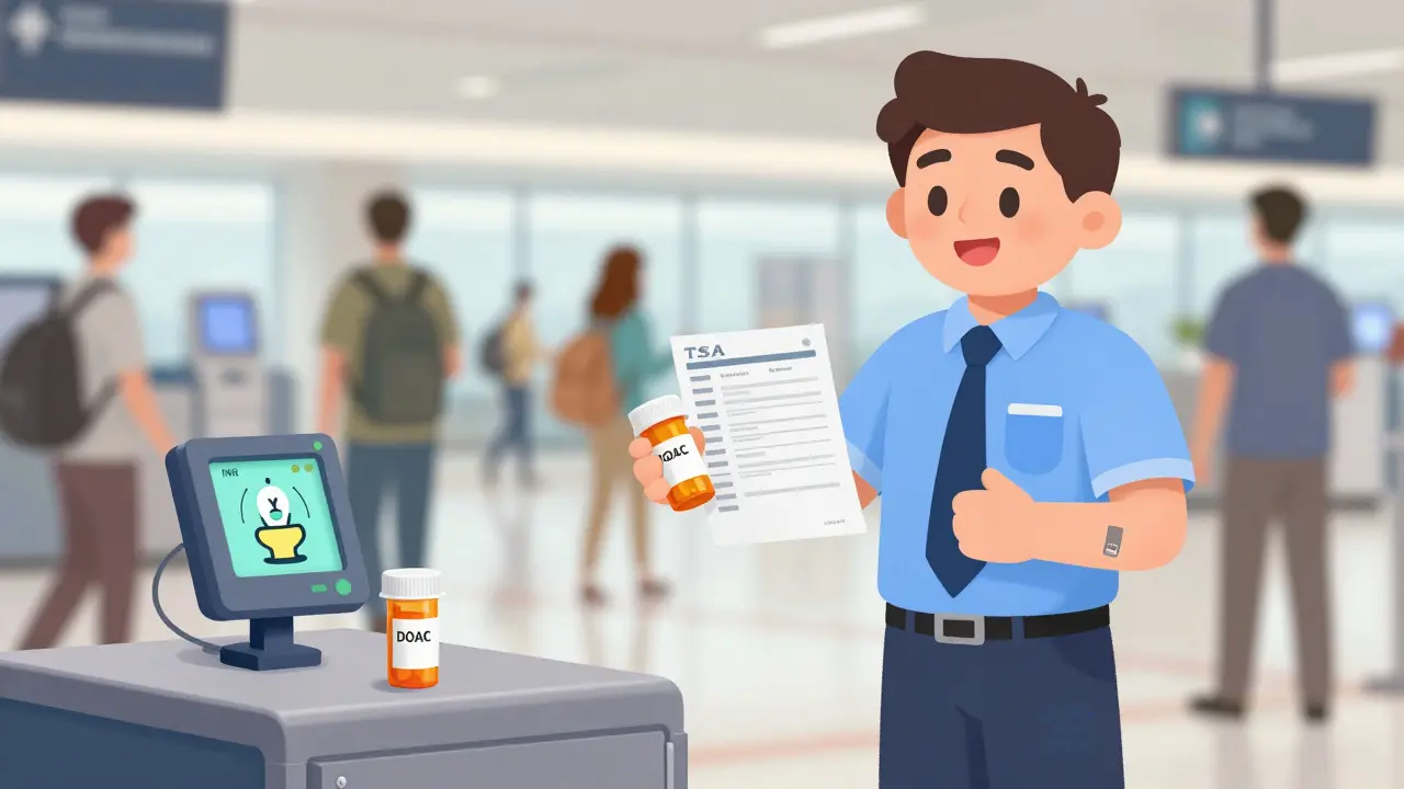 Person showing medication documents to an airport security agent with prescriptions visible.