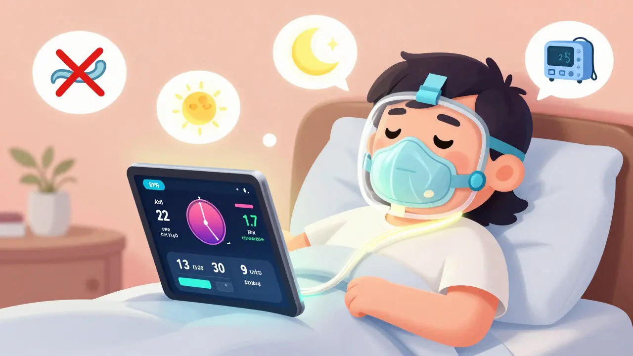 Person viewing sleep data on tablet showing improved AHI and pressure settings, smiling in bed.