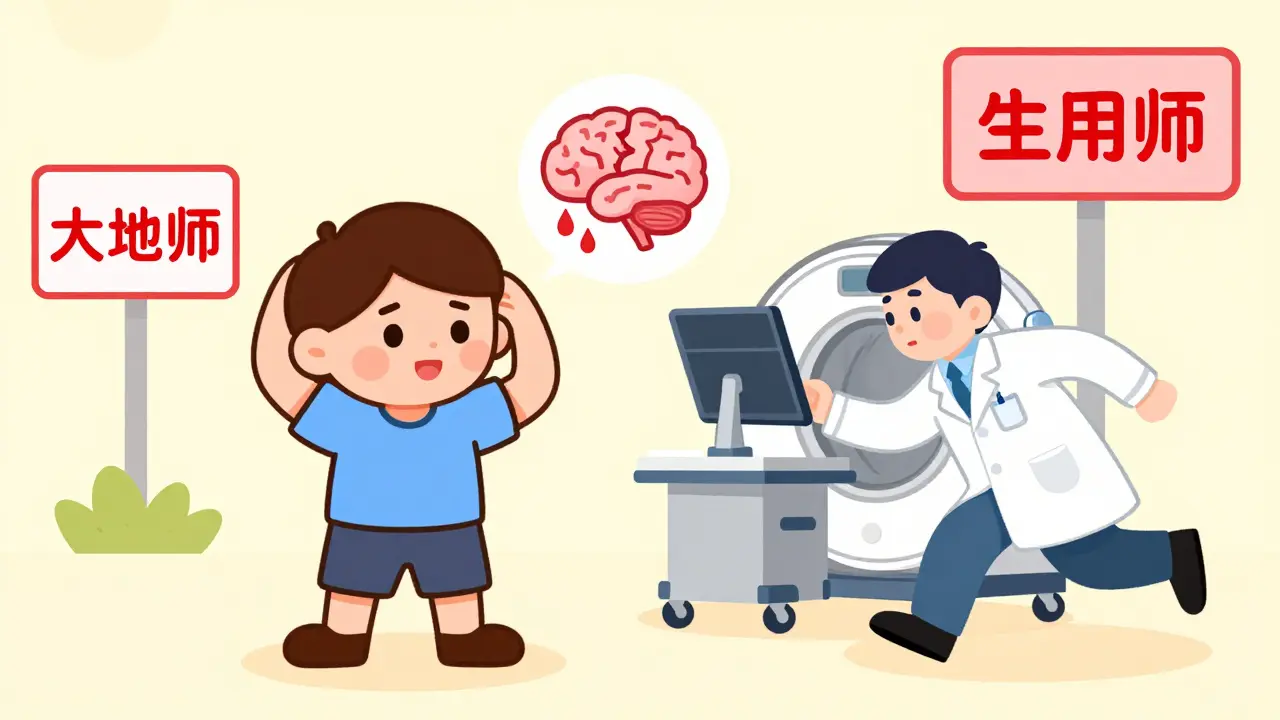 Person with slurred speech and drooping arm, doctor rushing with CT machine