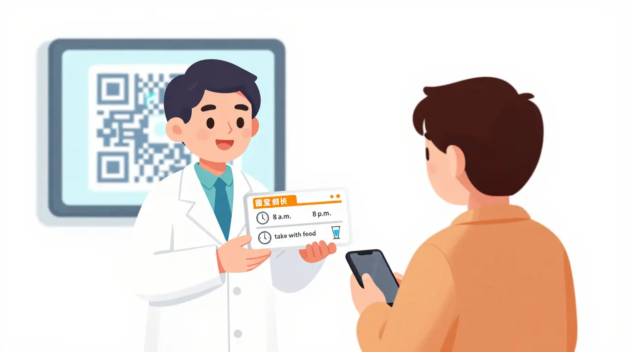 Pharmacist giving patient a clear label with icons and large text for easy understanding.
