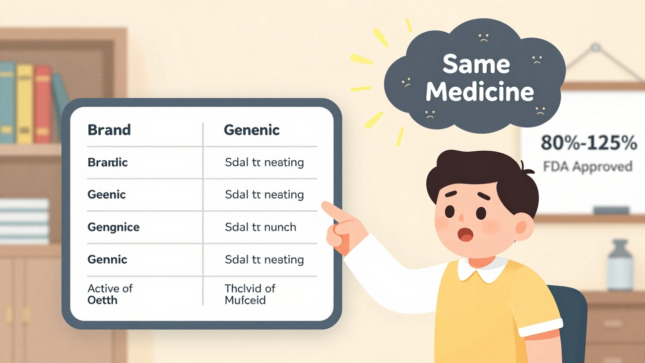 Pharmacist showing identical drug labels to a patient as a negative cloud lifts away.