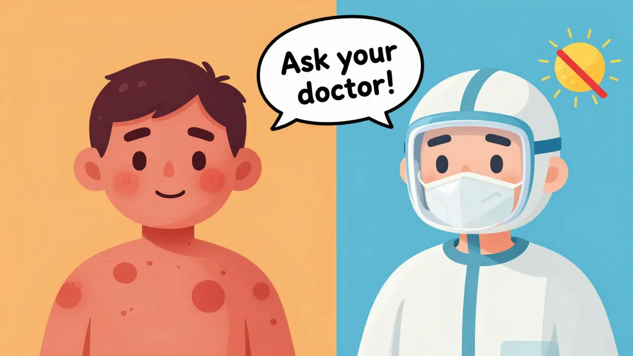 Split illustration: one side shows sun-damaged skin from doxycycline, the other shows protected skin after switching to minocycline.