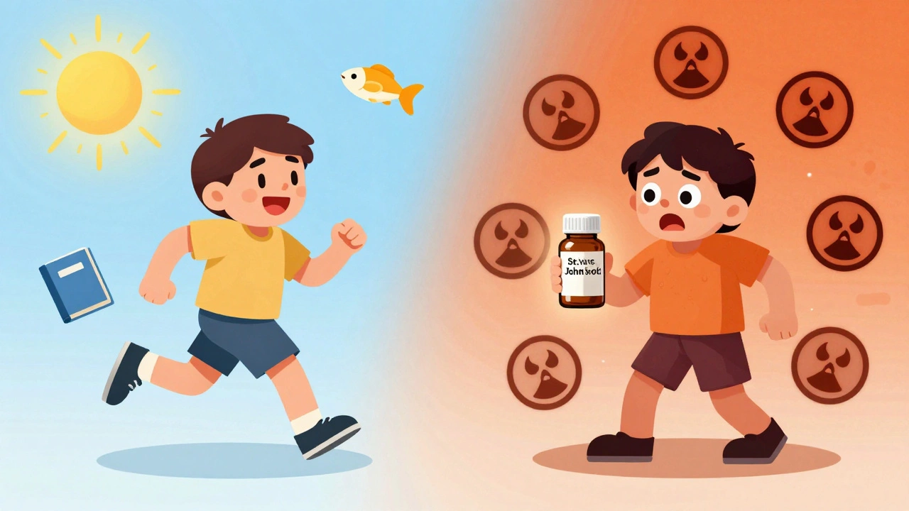 Split image: healthy lifestyle on one side, danger symbols around herbal supplement on the other.