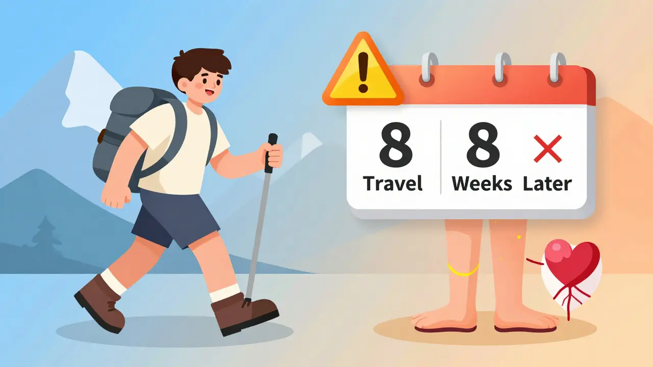 Split image of healthy traveler hiking versus warning signs of clot symptoms weeks after return.