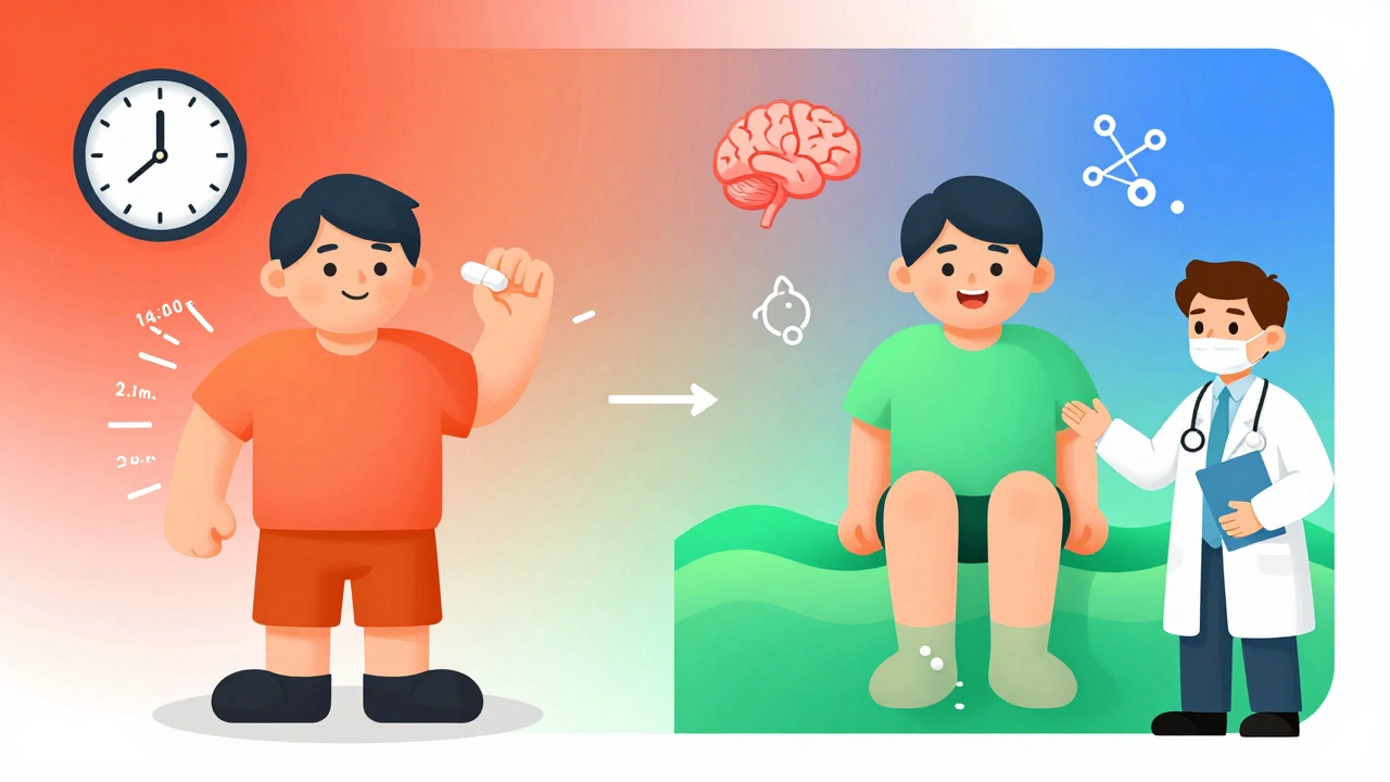 Split scene: left shows worsening RLS symptoms from dopamine pills, right shows calm relief with safer medication, soft color transition.