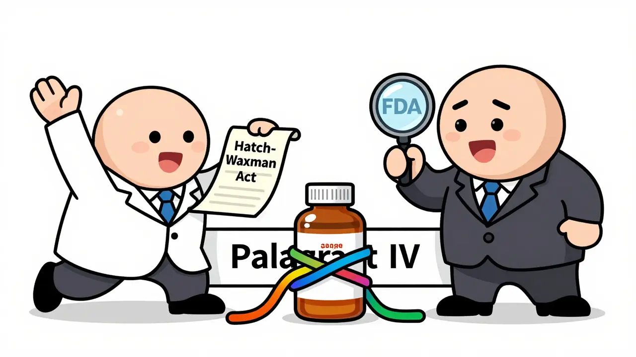 Two figures debating over the Orange Book as a generic hero bypasses a legal barrier.