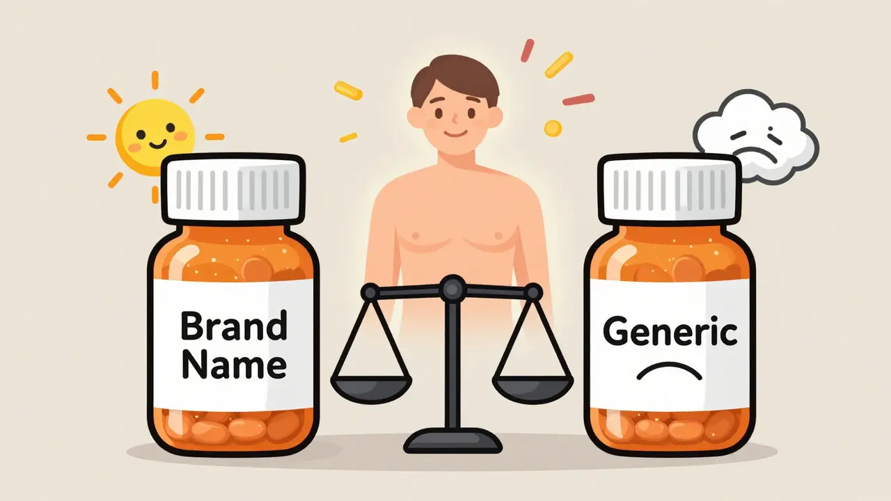 Two identical pill bottles on a scale, one branded and one generic, with a doctor showing they’re equal and side effects are fading.