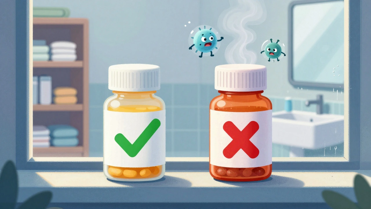 Two pill bottles side by side — one fresh in a dry closet, one expired in a steamy bathroom — with microbes rising from the degraded one.