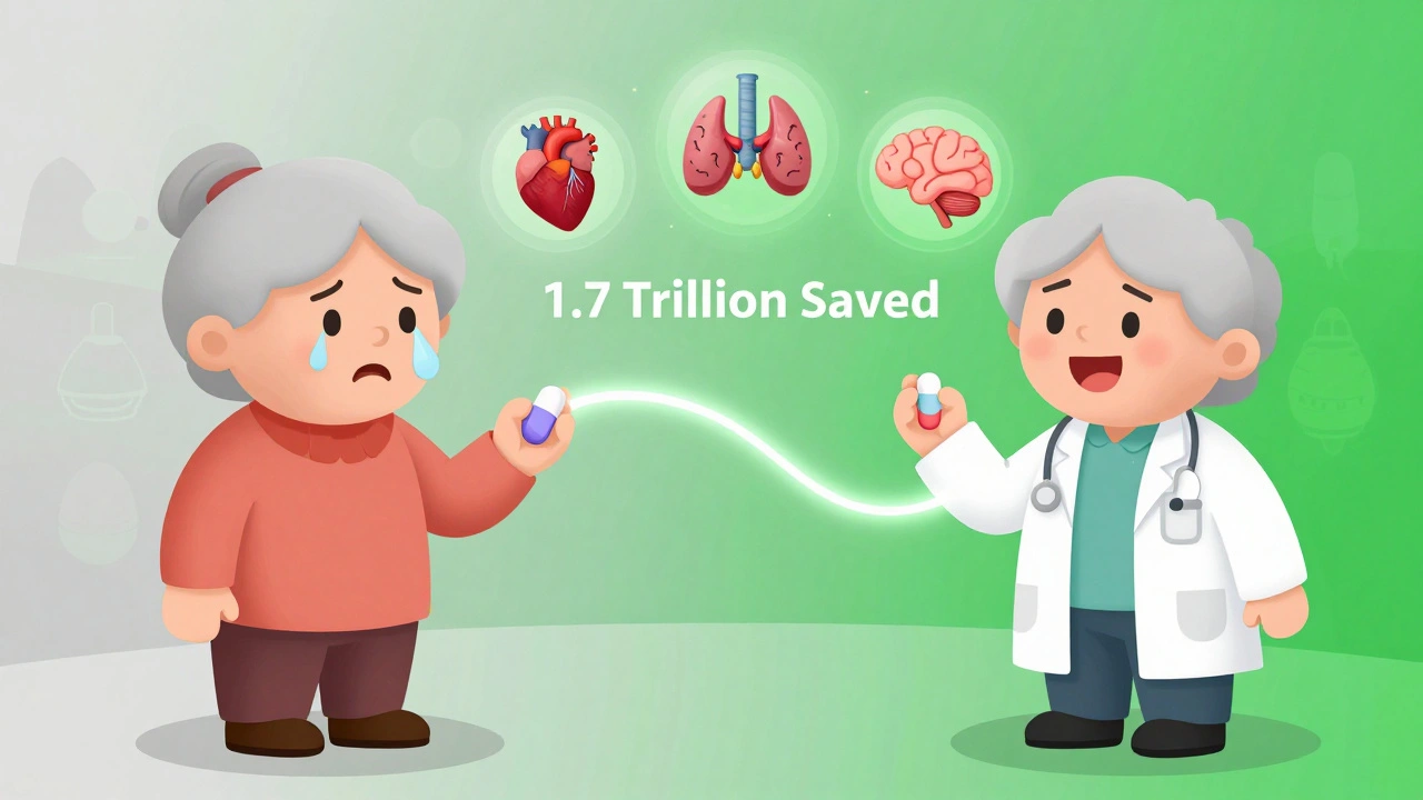 Woman on left stops generic pill; same woman on right takes it happily after education.