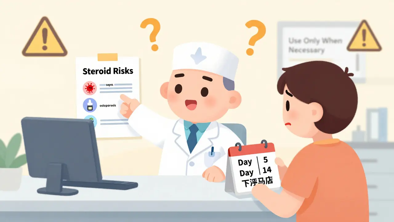 A doctor and patient reviewing a chart showing steroid risks with warning icons and a taper schedule.