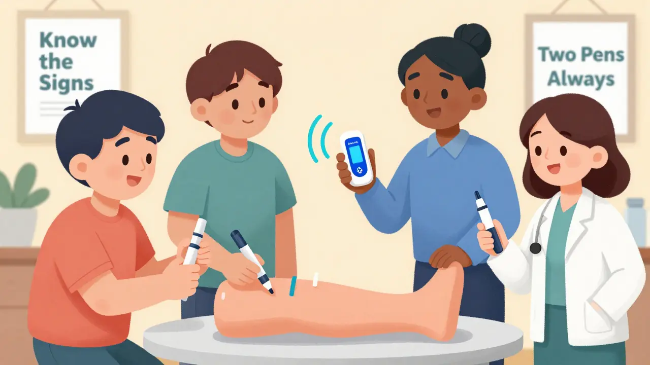 A group practicing epinephrine injection technique with trainer pens and a voice-guided auto-injector.