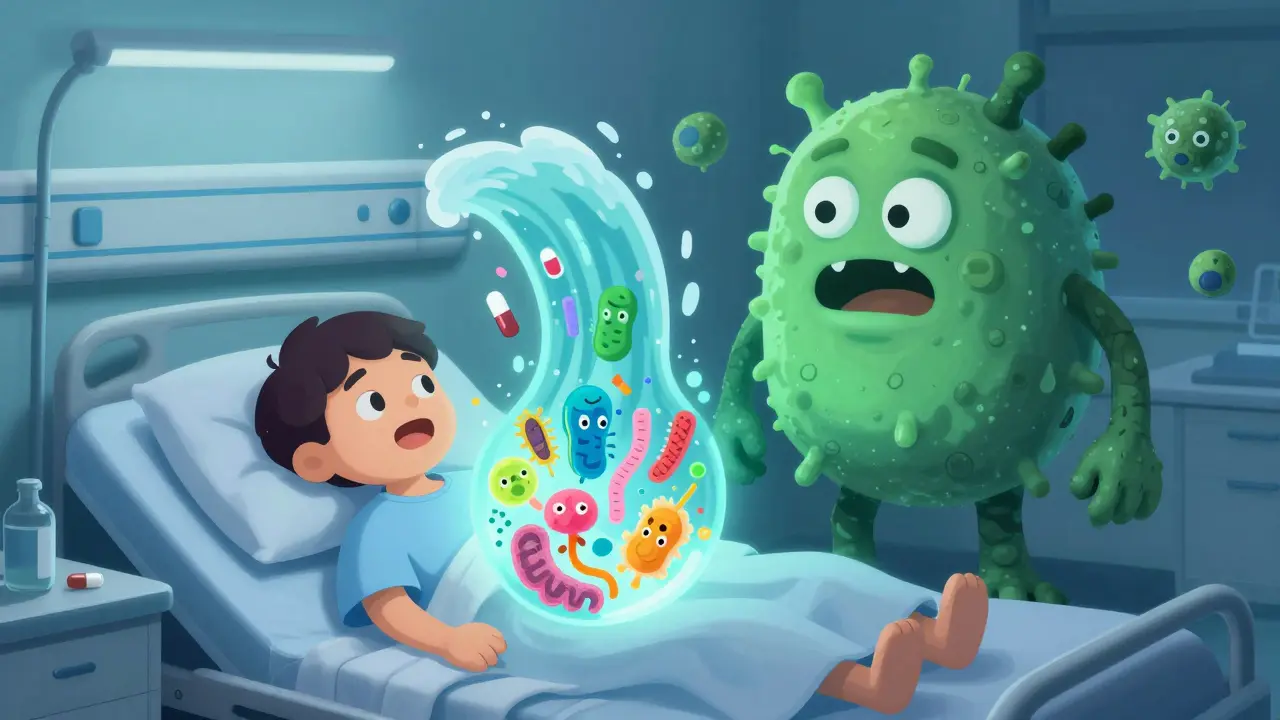 A hospital patient's gut microbiome destroyed by antibiotics, leaving C. difficile looming.