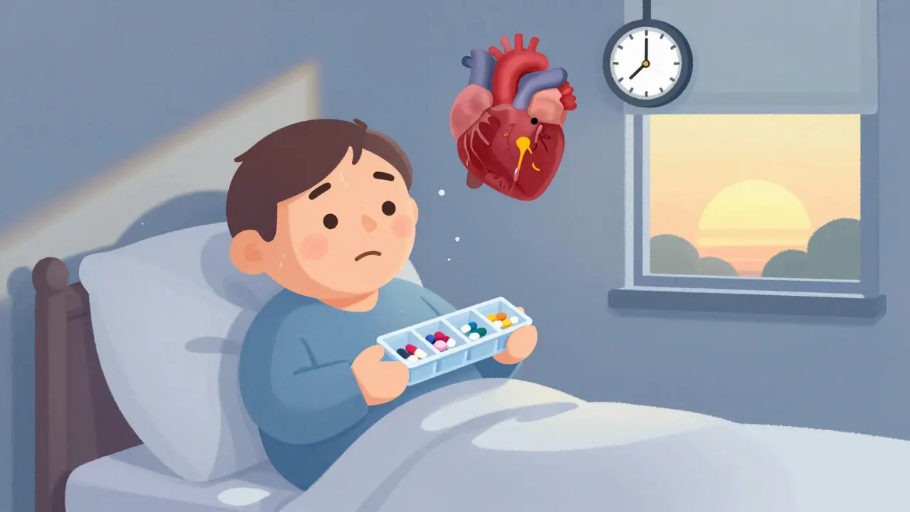 A patient at dawn taking heart failure meds, with a stronger heart floating above them.