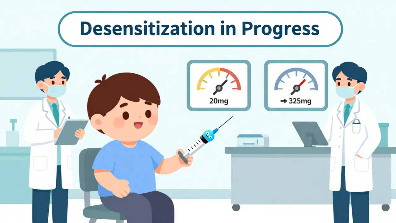 A patient undergoing aspirin desensitization in a hospital, receiving small doses as medical staff monitor with friendly gauges.