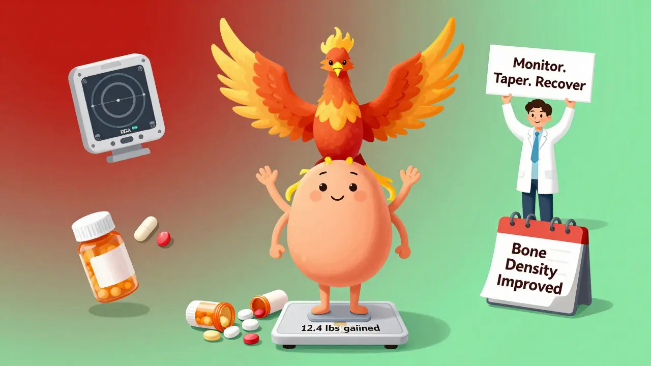 A person recovering from steroid use, with healing tools floating nearby and a phoenix rising from pill bottles.