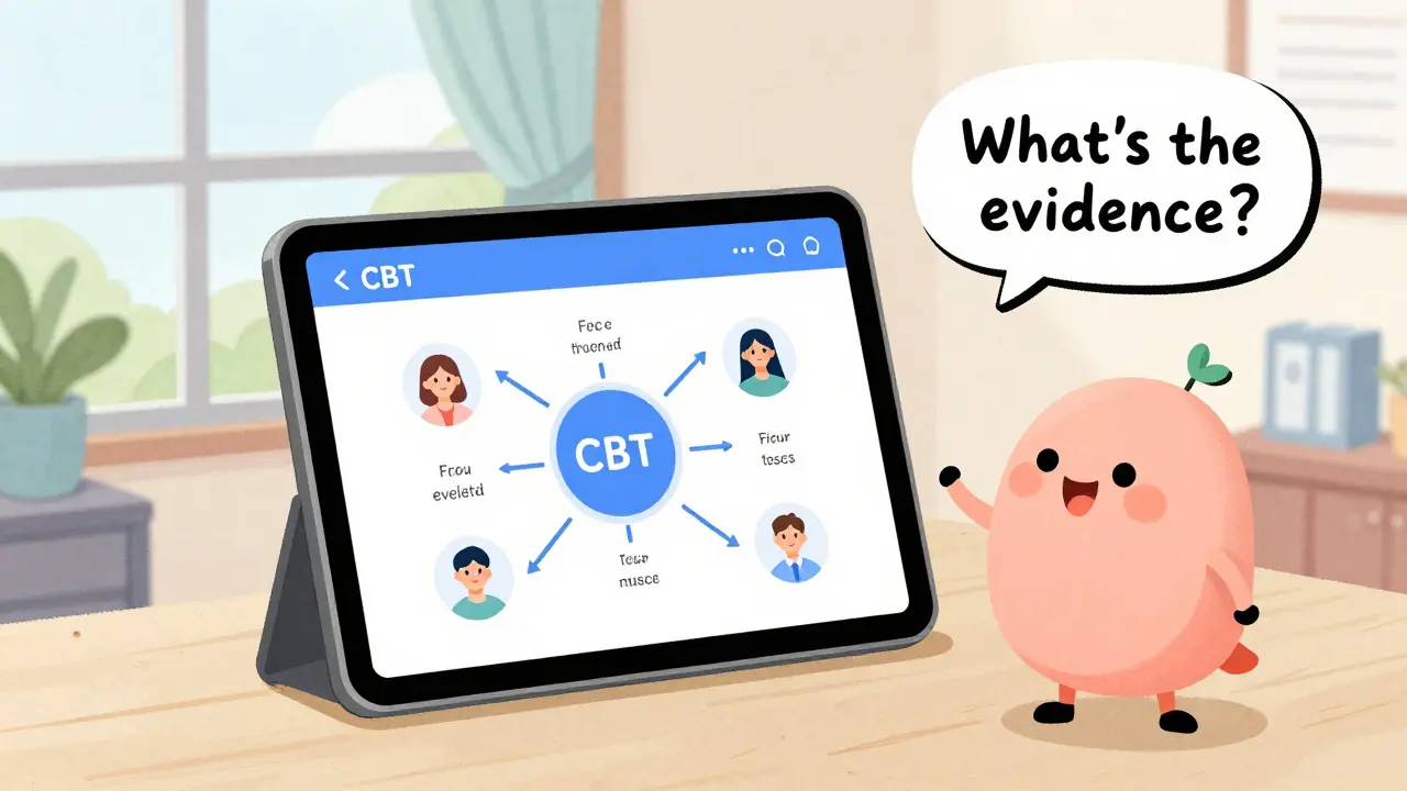 A person uses a CBT app on a tablet while a peaceful landscape shines through a therapy office window.