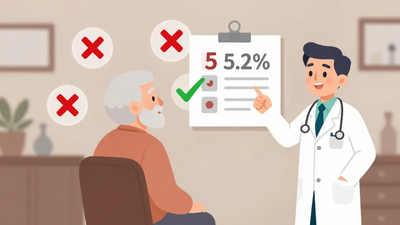 A senior in a doctor's office with medication icons showing pravastatin as the safest choice.
