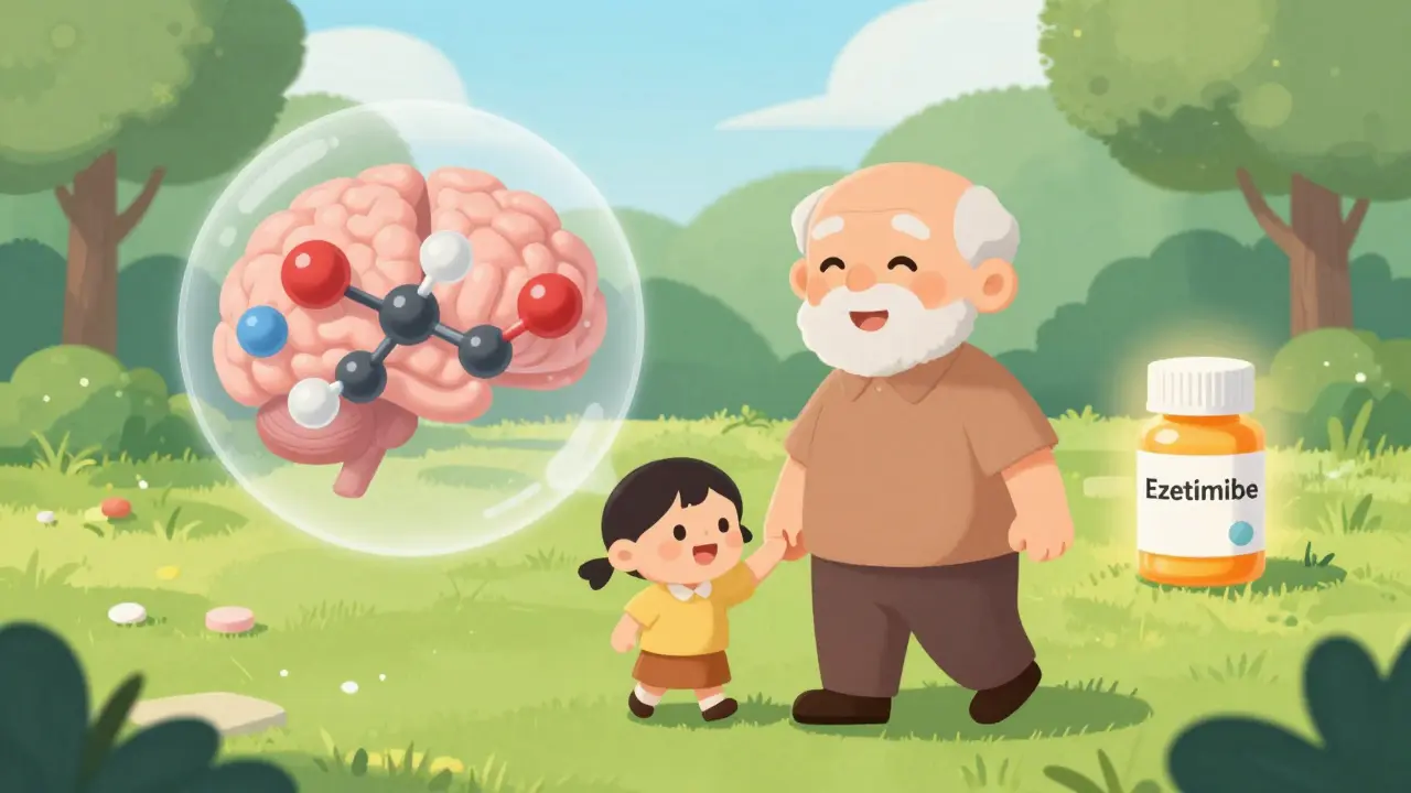 An older adult walking in a park with pravastatin molecules safely in their blood and ezetimibe nearby.