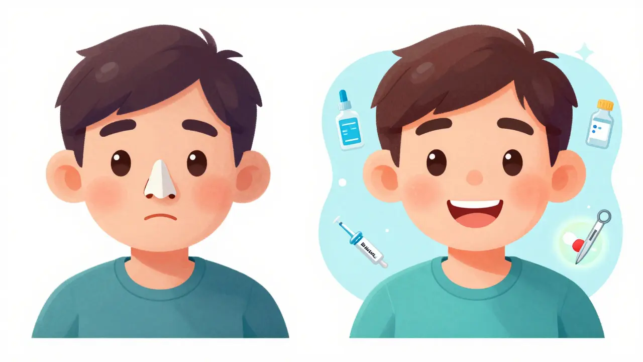 Before-and-after scene: a person regains clear breathing and sense of smell after AERD treatment with aspirin and therapy.