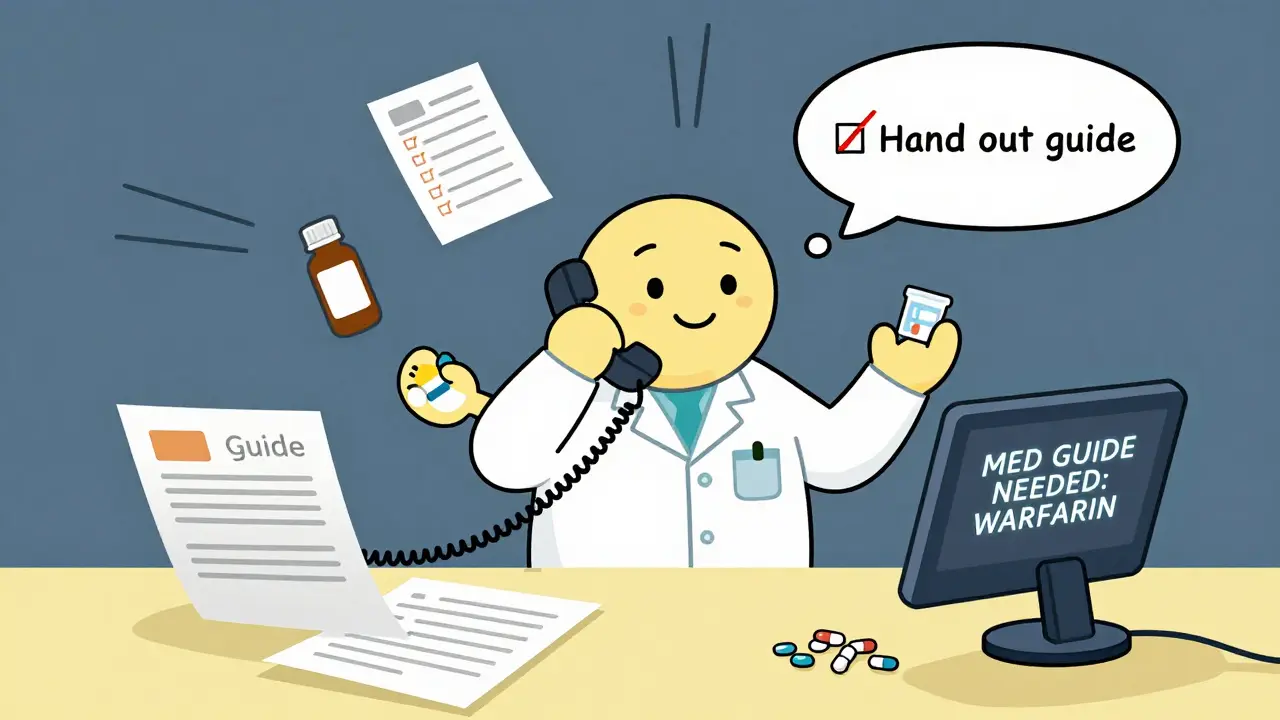 Busy pharmacist overlooks a required Medication Guide amid multiple tasks.