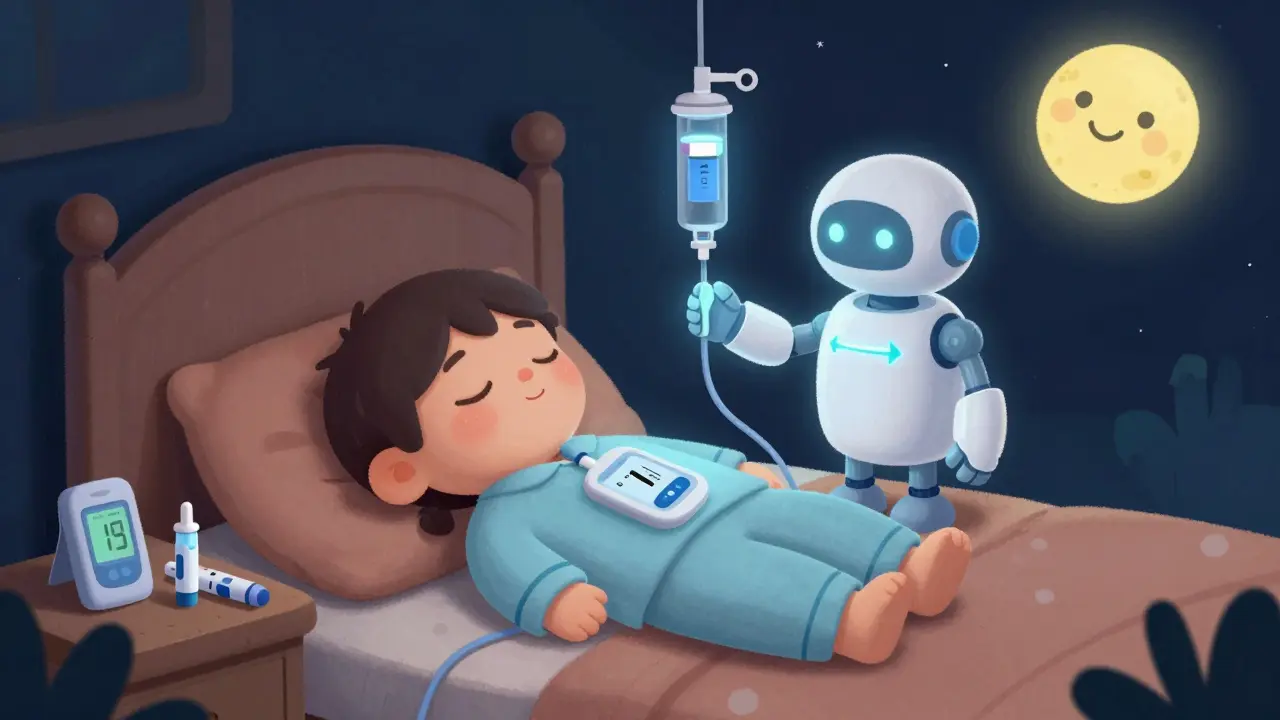 Child sleeping with insulin pump, protective robot arm pausing insulin drip as glucose drops, backup supplies on nightstand.