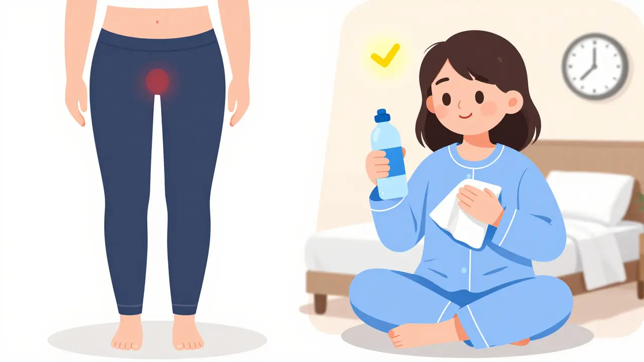 Comparison: person in tight clothes with discomfort vs. same person in cotton pajamas drinking water.