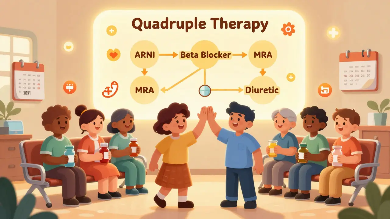 Diverse patients celebrating in a clinic as a flowchart of four heart failure meds glows behind them.