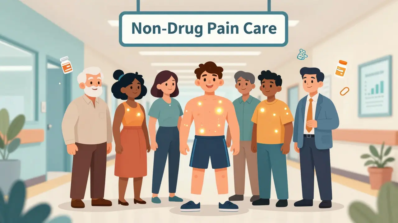 Diverse patients receiving acupuncture in a hospital setting with signs of reduced medication use and cost savings.