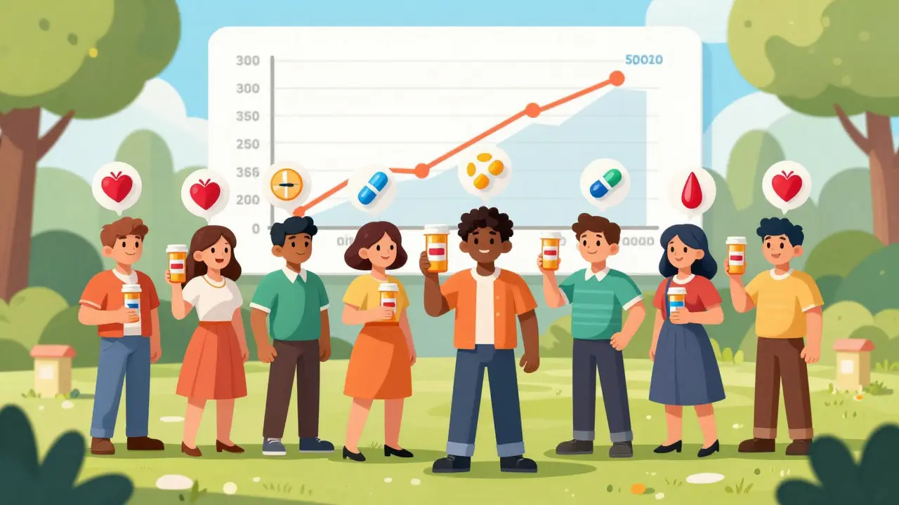 Diverse people in a park with identical health icons above their heads, showing brand and generic drugs work the same.