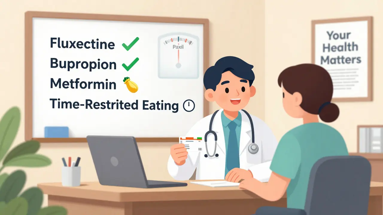 Doctor and patient discussing antidepressant alternatives with a whiteboard listing healthier options.