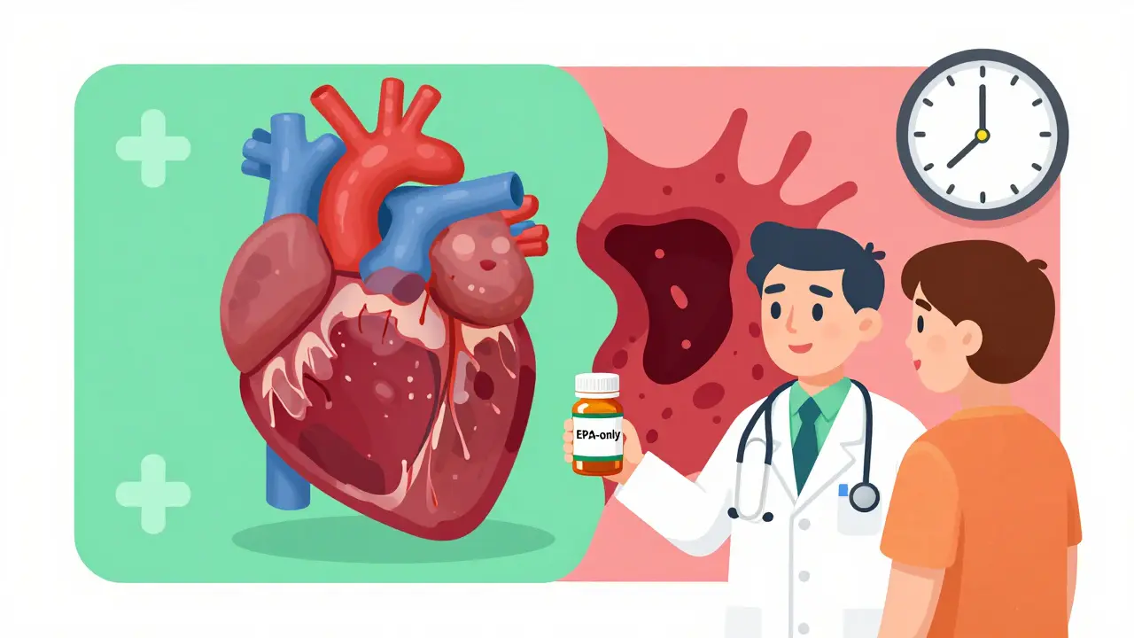 Doctor giving EPA medication while showing healthy vs. clogged arteries in a split illustration.