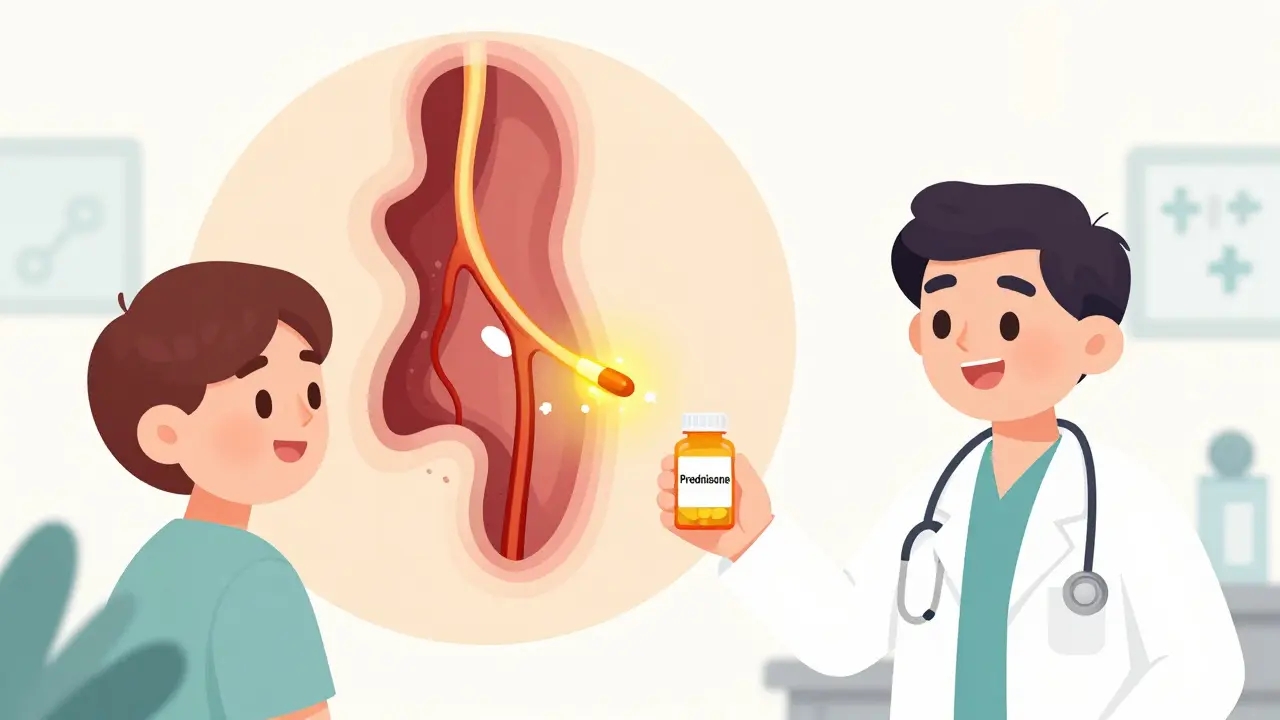 Doctor giving prednisone pills to patient while showing a diagram of inflamed facial nerve calming down.