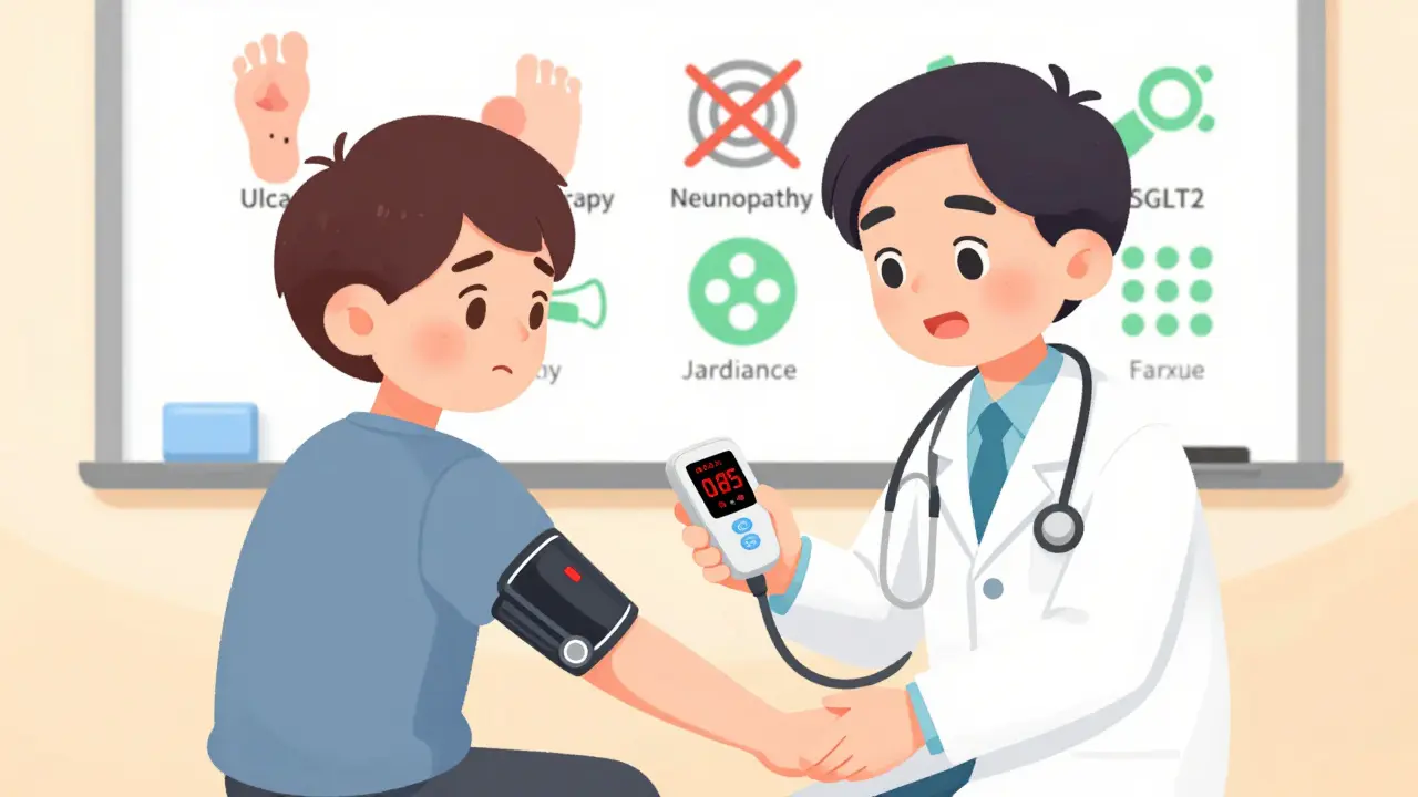 Doctor performing ABI test on patient's ankle, digital readout shows low blood flow, SGLT2 inhibitors on whiteboard.