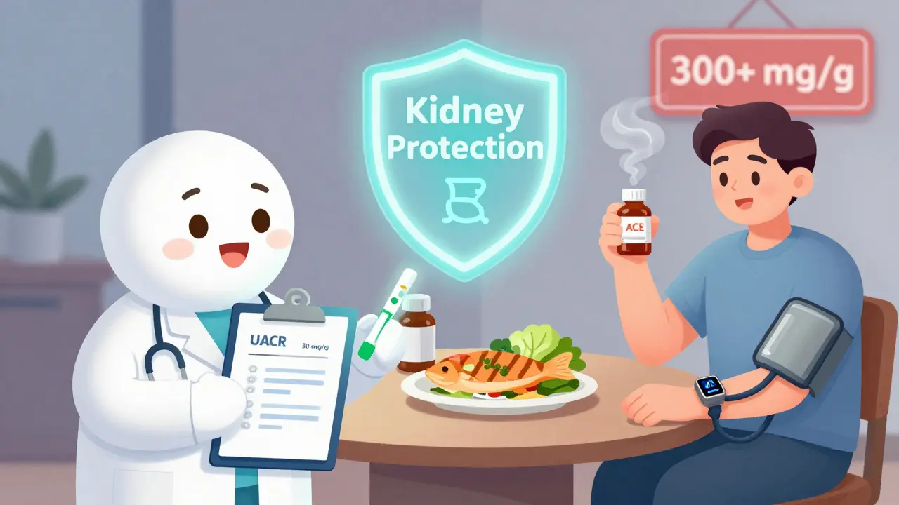 Doctor showing normal urine test while patient takes medicine, eats healthy food, and monitors blood pressure with a protective shield.