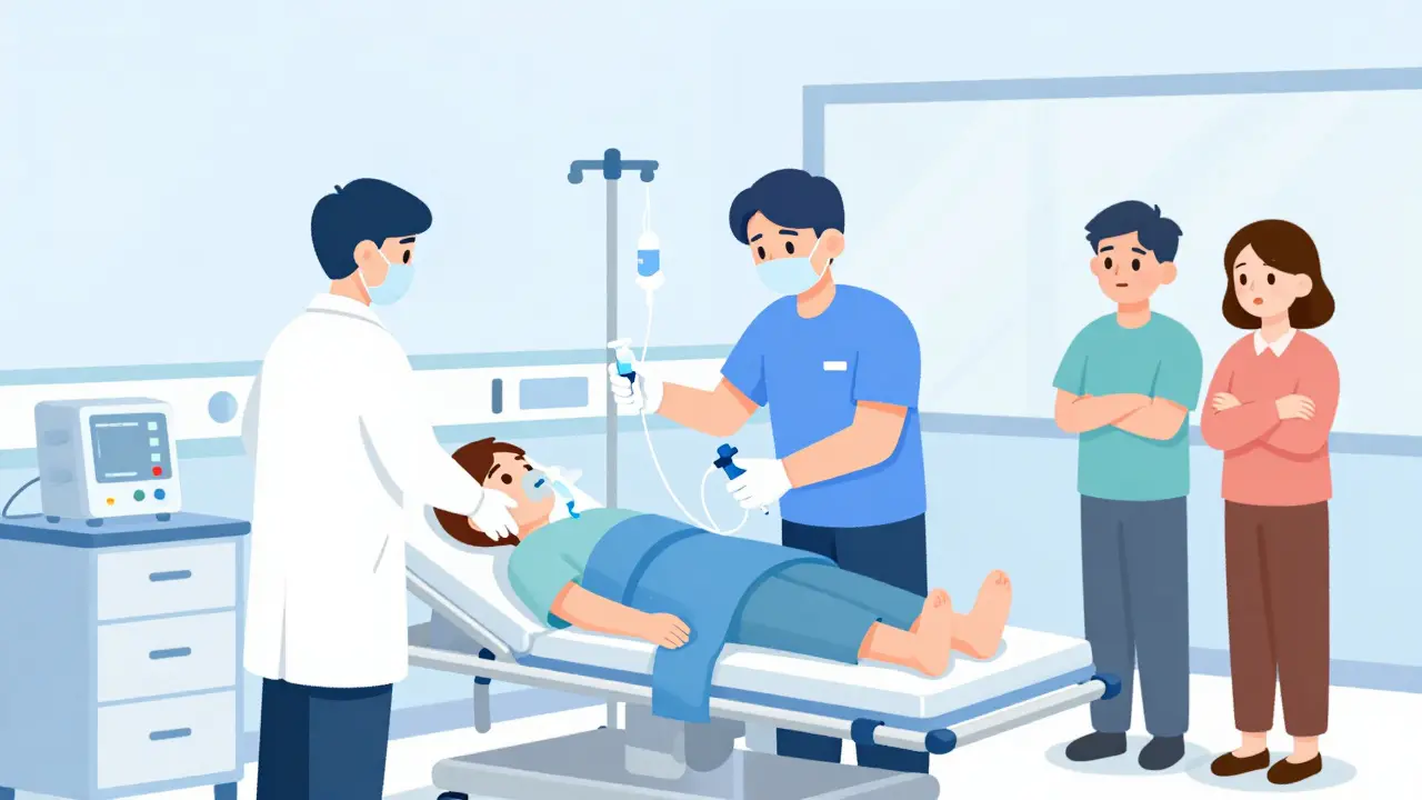 Emergency responders treating a patient in a hospital with IV fluids and oxygen after an anaphylactic episode.